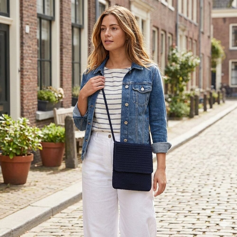 The Sak Navy Blue Artisan Made Crochet Boho Chic Zip-Top Crossbody Bag